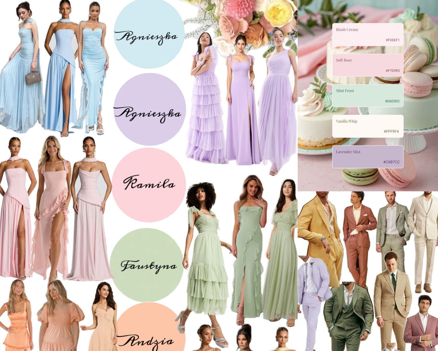 Moodboard of lavender, mint, blush and peach outfits